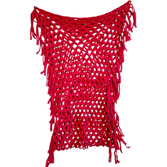 Womens Chunky Knit Poncho Infinity Loop Scarf Hot Pink Fringe Wrap Open Weave - Picture 4 of 4